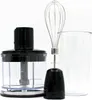 A black and silver immersion blender with its accessories, including a whisk attachment and a beaker, are displayed against a white background. Produktbild-Vorschau