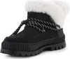 A single black boot with white fur trim and black and white laces. Produktbild-Vorschau
