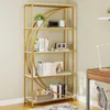 A tall, five-shelf bookshelf with a gold metal frame and white shelves, decorated with a curved gold accent. It is shown in a room setting with a wall in the background and a desk and chair to the right. Produktbild-Vorschau