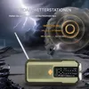 A weather radio is shown in a stormy, lightning-filled environment, with text overlays indicating its features. Produktbild-Vorschau