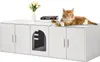 A white cat litter box enclosure with a cat on top, books, and a vase of flowers. Produktbild-Vorschau