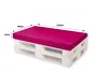 A pink cushion on a white wooden pallet base, with dimensions indicated by text overlays. Produktbild-Vorschau
