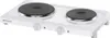 A white electric double hot plate with black heating elements and silver trim. Produktbild-Vorschau