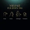 Marketing image with text and stylized line drawings of poultry heads. Produktbild-Vorschau