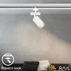 A white spotlight is attached to a track light on a ceiling, shining light on a grey wall and a sofa with pillows and flowers. Náhľad obrázku produktu