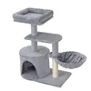 A multi-level cat tree with various platforms, a hideaway, and a basket, all covered in gray plush fabric. Náhled obrázku produktu