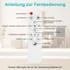 A white remote control with labels pointing to its buttons is shown in the center of the image, against a blurred background of a room. Náhled obrázku produktu