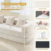 A close-up view of a beige sofa with text overlays highlighting its materials. Voir les images du produit