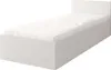 A white single bed with a white mattress and a white headboard, shown from a diagonal angle against a white background. Náhled obrázku produktu