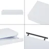 A collage of four images showing different views of a white floating shelf with a drawer. Náhled obrázku produktu