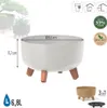 A white planter with wooden legs is shown with dimensions and capacity indicated. Smaller images of the planter and a saucer are also present. Náhľad obrázku produktu