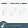 Diagrams illustrating how to cut shower seals horizontally, vertically, and at a right angle, with a graphic of a utility knife and accompanying text. Produktbild-Vorschau
