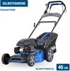 A blue and black Hyundai self-propelled lawnmower with a grass catcher is shown against a white background. Produktbild-Vorschau