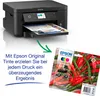 A black Epson printer is shown with a printout, and an ink cartridge pack is displayed next to it, with a green arrow pointing from the printer to the ink. Náhled obrázku produktu