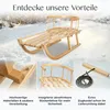 A wooden sled in a snowy environment with close-up shots of its features and text highlighting its benefits. Produktbild-Vorschau