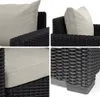 Collage of close-up shots of an outdoor sofa, showing the weave texture, cushions, and legs. Produktbild-Vorschau
