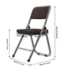 A folded brown padded chair with silver metal legs, showing dimensions. Produktbild-Vorschau
