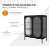 A black cabinet with glass doors, with text overlays describing its materials and features. Náhľad obrázku produktu