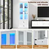 A white LED display cabinet with blue interior lighting, shown in a modern living room setting next to a TV stand. Produktbild-Vorschau