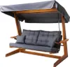 A wooden garden swing with a grey canopy and cushions, shown against a white background. Podgląd zdjęcia produktu