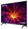 A black television set with a colorful abstract image displayed on its screen, resting on a black stand. Produktbild-Vorschau
