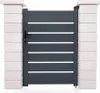 A dark gray garden gate with horizontal white stripes, flanked by two light-colored brick pillars. Produktbild-Vorschau