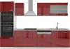 A modern, high-gloss red kitchen unit with integrated appliances and a stainless steel hood, presented against a white background. Anteprima dell’immagine prodotto