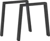 Two black metal table legs are shown against a white background.