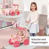 A young girl pushing a doll stroller with a doll inside, with inset images of a toy pony and stroller. Produktbild-Vorschau