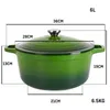 A green enameled cast iron Dutch oven with dimensions and capacity indicated by text overlays. Produktbild-Vorschau