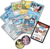 A collection of Pokémon trading cards and coins spread out on a white background, with a promotional card for Pokémon Live in the foreground. Produktbild-Vorschau