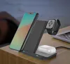 A 3-in-1 wireless charger on a wooden surface. Produktbild-Vorschau