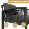 Close-up of a grey outdoor chair with woven rope detailing, featuring marketing text and icons. Podgląd zdjęcia produktu