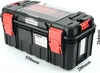 A black Kistenberg tool box with red latches and a clear lid, showing dimensions. Anteprima dell’immagine prodotto