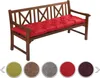 A wooden bench with a red cushion on it, with color swatches below. Produktbild-Vorschau
