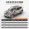 A diagram showing a car with different parts labeled, alongside a table detailing material requirements per vehicle type. Produktbild-Vorschau