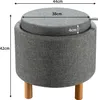 A gray upholstered ottoman with wooden legs, featuring measurement annotations. Produktbild-Vorschau