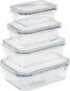 A stack of four clear glass food storage containers with gray lids, arranged in descending size from bottom to top. Produktbild-Vorschau