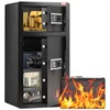 A black safe with its doors open, revealing gold bars, coins, a passport, a camera, stacks of money, and a watch. A fire-resistant money bag with flames is placed in front of the safe. Produktbild-Vorschau