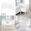 Collage of a white baby crib/bed, some with bedding and pillows, and text. Produktbild-Vorschau
