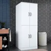 A white storage cabinet with four doors in a bathroom setting with patterned wallpaper and a laundry basket. Produktbild-Vorschau