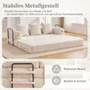 A beige sofa bed with pillows in a room, with text overlays describing its features. Anteprima dell’immagine prodotto