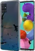 A clear phone case with a penguin design is shown on a white background, with a phone inside the case displaying a colorful abstract pattern. Produktbild-Vorschau