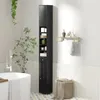 A bathroom scene with a tall black cabinet next to a bathtub. Podgląd zdjęcia produktu