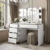 A white vanity table with a mirror and lights, a stool, and decorative items. Produktbild-Vorschau