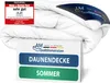 A folded white duvet with marketing labels and text overlays. Podgląd zdjęcia produktu