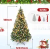 A decorated artificial Christmas tree with lights and pinecones, shown with size comparisons and a festive Santa Claus illustration in a truck. Produktbild-Vorschau