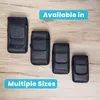 Four black phone pouches of varying sizes are laid out on a wooden surface. Two blue text overlays are present. Náhled obrázku produktu