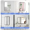 A collage of four images showing a rectangular mirror in different room settings: living room, bedroom, bathroom, and veranda. Produktbild-Vorschau
