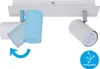 A white ceiling light fixture with two adjustable spotlights, one white and one blue. Produktbild-Vorschau
